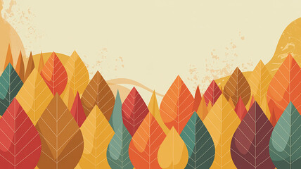 Autumn leaves in warm colors on a textured beige background with abstract shapes fall foliage