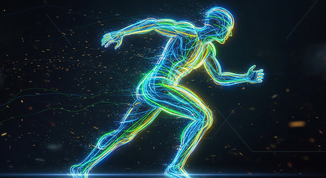 A futuristic, glowing human figure running, with colorful energy lines tracing its muscular anatomy.