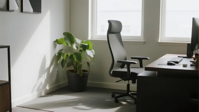 Minimalist office corner with ergonomic chair and potted plant, embodying simplicity and productivity in modern workspace design