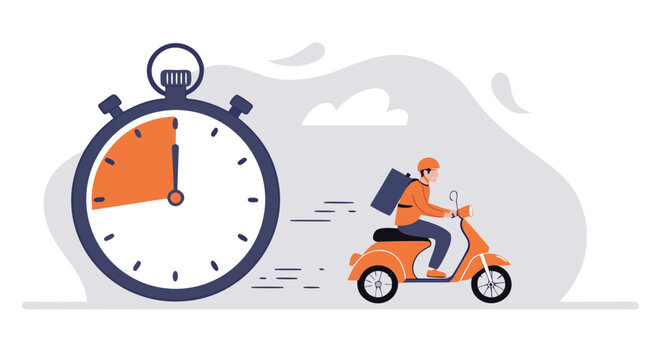 Illustration of a delivery person on a scooter with a stopwatch symbolizing fast delivery service.
