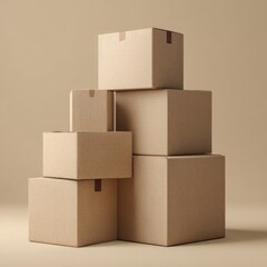 Obraz premium A stack of various-sized, light brown cardboard boxes, neatly arranged against a beige backdrop, sealed with simple brown tape