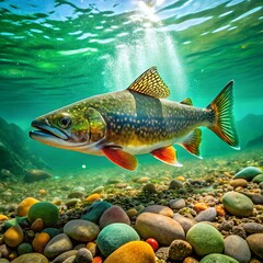 Naklejka premium a colorful lake trout gliding near a rocky underwa.jpg