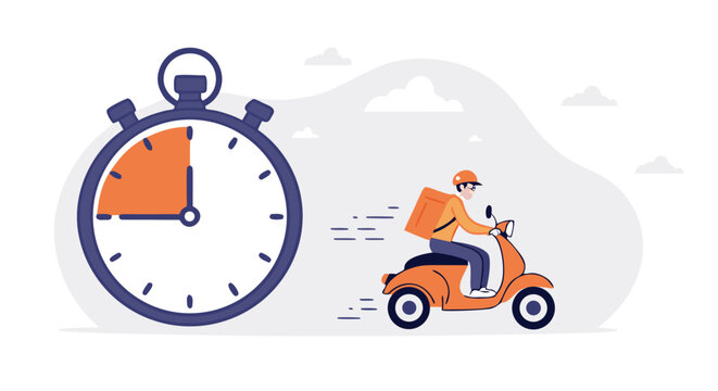 Illustration of a delivery person on a scooter with a stopwatch symbolizing fast delivery service.

