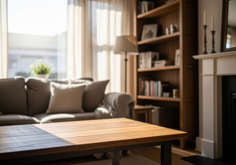 Cozy living room with plush sofa wooden coffee table and built in bookshelf