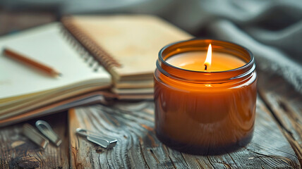 Cozy aromatherapy scene with lit candle, notebook, and pencil on rustic wooden table creating calm ambience.