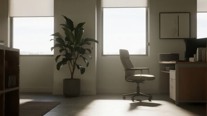 Minimalist office corner with ergonomic chair and potted plant, embodying simplicity and productivity in modern workspace design