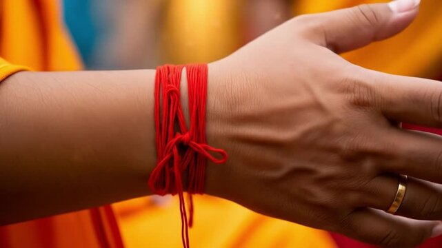 Close-up of a person's arm with a red thread tied around the wrist, wearing a gold ring.