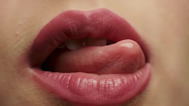 Detailed Close Up of a Woman's Mouth with Glossy Pink Lips and Subtle Tongue Movement Highlighting Sensuality and Taste Featuring Intimate Expression and Perfect for Beauty Intimacy Project