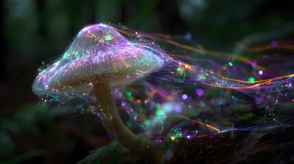 Illuminated mushroom with glowing filaments in a fantasy forest.