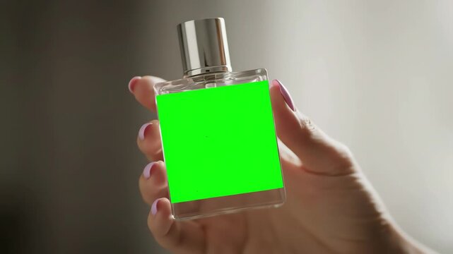Hand holding a perfume bottle with a green label and silver cap against a blurred background
