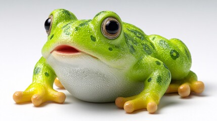 Obraz premium Vibrant green and yellow stylized frog figurine sitting forward with open mouth isolated on a plain white studio background for nature concepts.