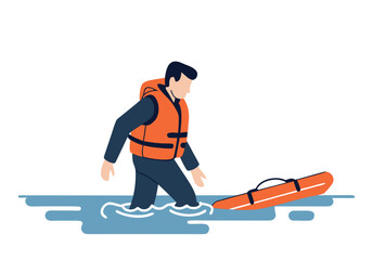 Man Wearing Life Jacket Standing in Water with Lifebuoy Rescue Equipment
