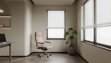 Minimalist office corner with ergonomic chair and potted plant, embodying simplicity and productivity in modern workspace design