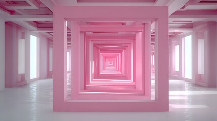 Pink architectural hallway with square frames.