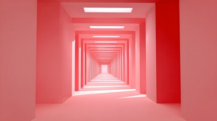 A pink, geometric hallway perspective.