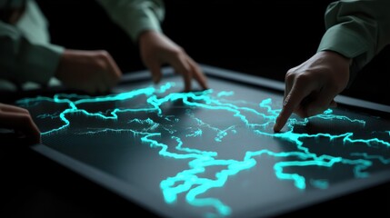 Fototapeta premium Hands Interacting with Touchscreen Technology Displaying Data Patterns