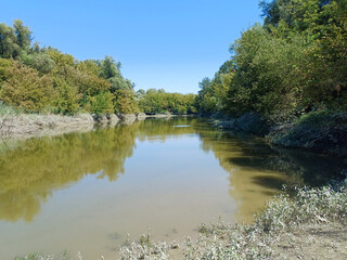 Serene River Bend under Clear Blue Sky