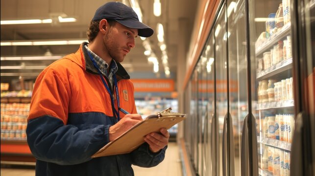 Store Employee Checking Inventory in Refrigerator Section of Supermarket