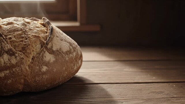 Freshly baked crusty sourdough bread steaming on rustic wooden table background
