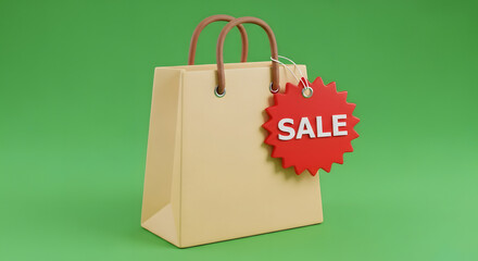 Paper shopping bag with a red star sale tag for retail promotion and seasonal clearance events