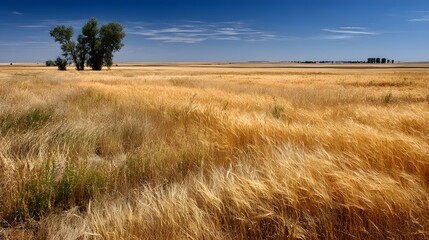 Golden wheat field under a vibrant blue sky.