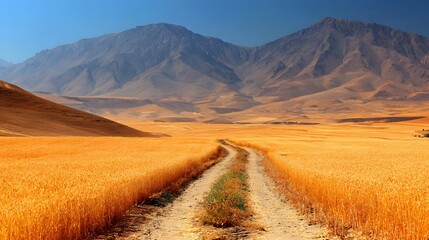 A dirt road winds through a golden wheat field toward a mountain range.