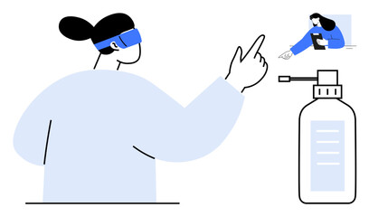 Woman using VR headset pointing at virtual screen, sanitizer bottle nearby. Ideal for virtual reality, cleanliness, innovation, digital interaction, hygiene, futuristic technology, simple landing