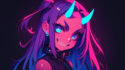 Naklejka premium Female anime character evil oni demon face evil smile