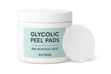 Glycolic peel pads jar with transparent background showing single pad © gagaphoto