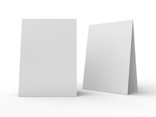 3D realistic mockup of a blank table sign tent card A4 format, isolated on white. Minimal display...