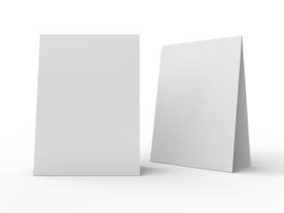 3D realistic mockup of a blank table sign tent card A4 format, isolated on white. Minimal display Ideal for menu, restaurant, cafe, event, promotion, branding, ads, and marketing design presentations