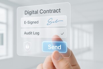 Digital Contract Interface with E-Signature, Audit Log Verification and Send Button Highlight
