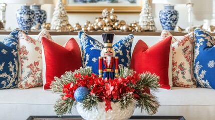 Festive Christmas decor on a white couch.
