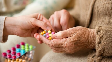 Caring Hand Transfers Colorful Pills to Elderly Person's Hand
