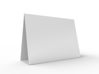 3D realistic mockup of blank table sign tent cards in horizontal A4 format, isolated on background. Ideal for menu, restaurant, cafe, event, promotion, branding, ads, and marketing design projects.