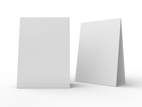 3D realistic mockup of a blank table sign tent card A4 format, isolated on white. Minimal display Ideal for menu, restaurant, cafe, event, promotion, branding, ads, and marketing design presentations