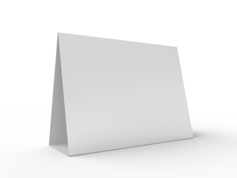 3D realistic mockup of blank table sign tent cards in horizontal A4 format, isolated on background. Ideal for menu, restaurant, cafe, event, promotion, branding, ads, and marketing design projects.