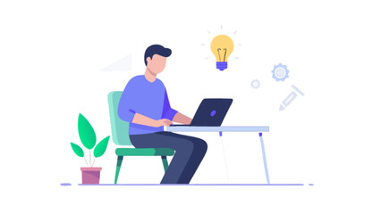 Illustration of man working on laptop at desk with lightbulb idea and plant for home office setup