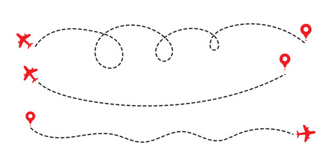 Airplane line path vector icon set of air plane flight route with start point and dash line trace. Various aircraft and destination location pins icons. Print Set of airplane routes . 