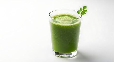 Vibrant Green Detox Juice with Fresh Leaf Garnish in a Glass on a Pure White Background