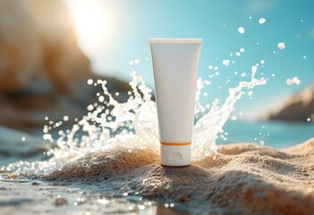 Sunscreen Tube With Splash Of Water Behind It