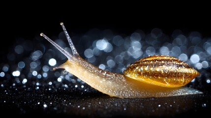 Close-up of a snail with water droplets.
