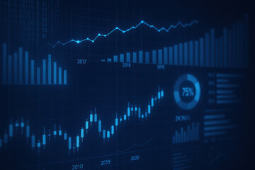 Digital economy growth shown with online business charts and financial technology data in blue glowing interface displaying trends and statistics for success and analysis