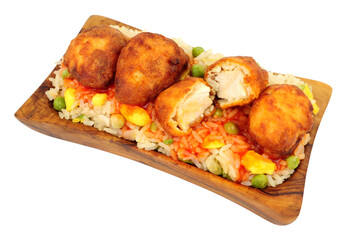 Chinese crispy fried battered chicken balls with egg fried rice and sweet and sour sauce in a wooden serving dish isolated on a white background