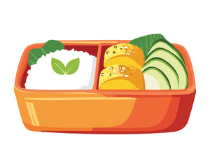 Lunch Box with Rice, Fried Tofu and Cucumber Slices - Vector Illustration