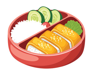 A Bento Box with Fried Chicken and Cucumber Slices - Vector Illustration