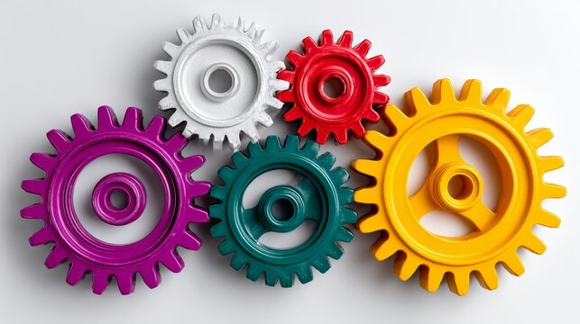 Group of gears with different colors and sizes. The gears are arranged in a way that they are all connected to each other. Concept of interconnectedness and collaboration