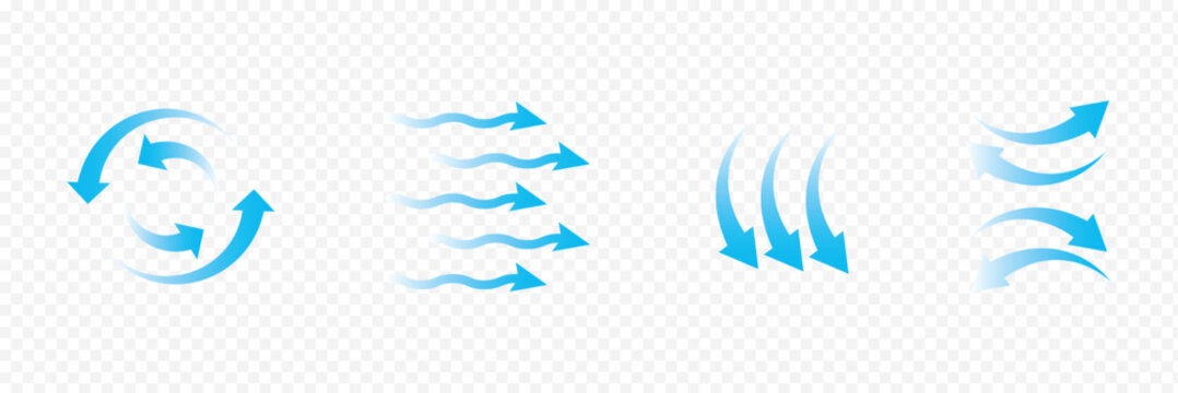 Air flow arrow. Set of blue arrow showing wind air flow. Vector set of air flow arrows. Blue air flow arrows showing wind circulation and ventilation. eps 10