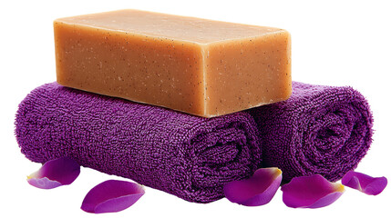 Light Brown Soap Bar on Purple Towels with Rose Petals
