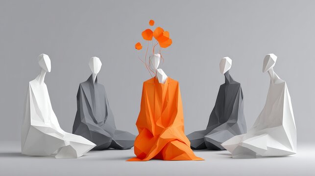 Group of people are sitting in a circle, one of whom is wearing an orange robe. The orange figure is surrounded by the other figures, who are all wearing white robes. Concept of unity and harmony